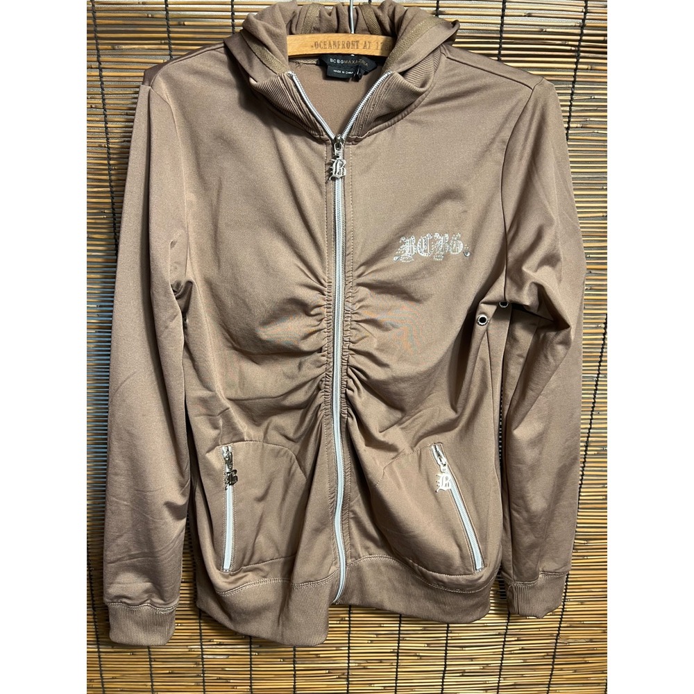 BCBG Max Azria Vintage Y2K Brown Ruched Rhinestone Logo Zip Up Hoodie Large